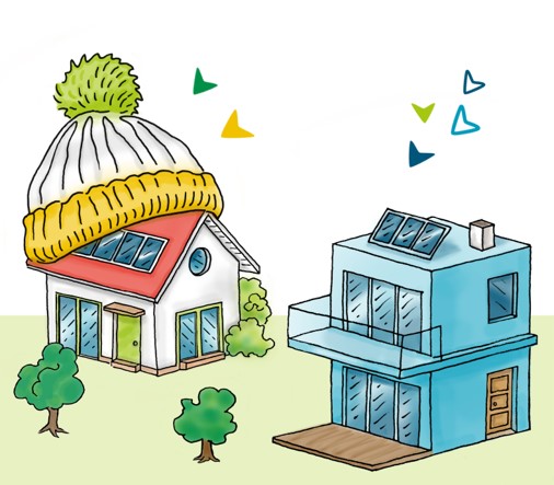 Zeichnung von zwei Häuschen; eines trägt eine Mütze auf dem Dach, das andere eine Solaranlage