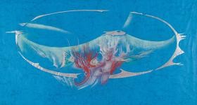 My Ullmann: Wandbildentwurf „Werdendes Atoll“, ohne Jahr, Mischtechnik blauem Papier, 35 x 64 cm, Nachlass My Ullmann